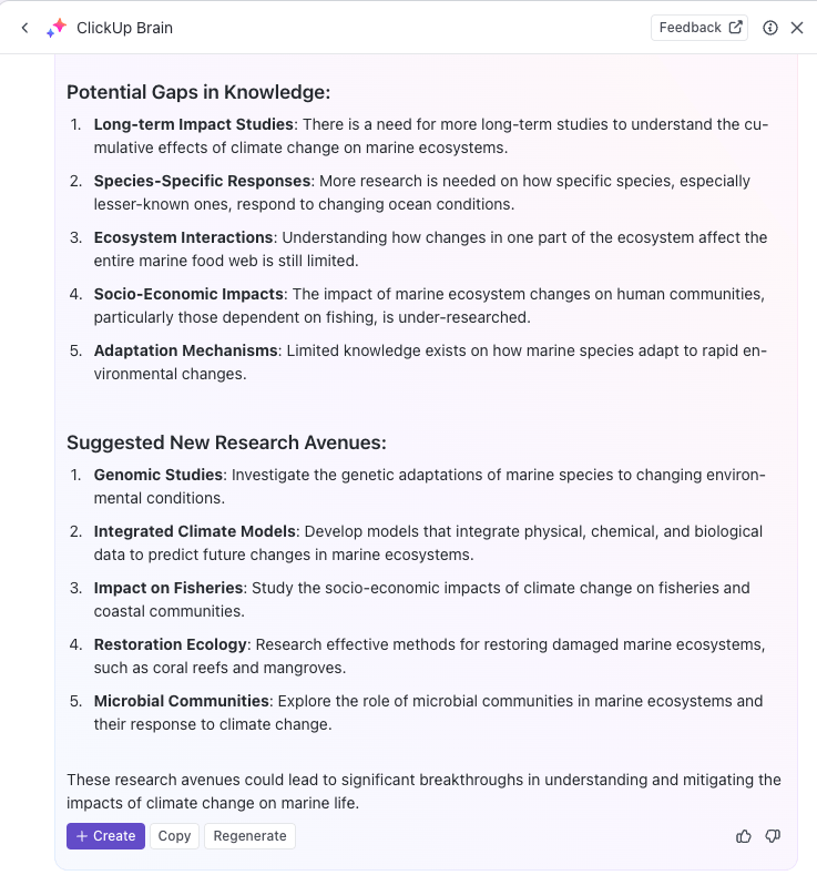 Identify gaps in research and brainstorm ideas with ClickUp Brain